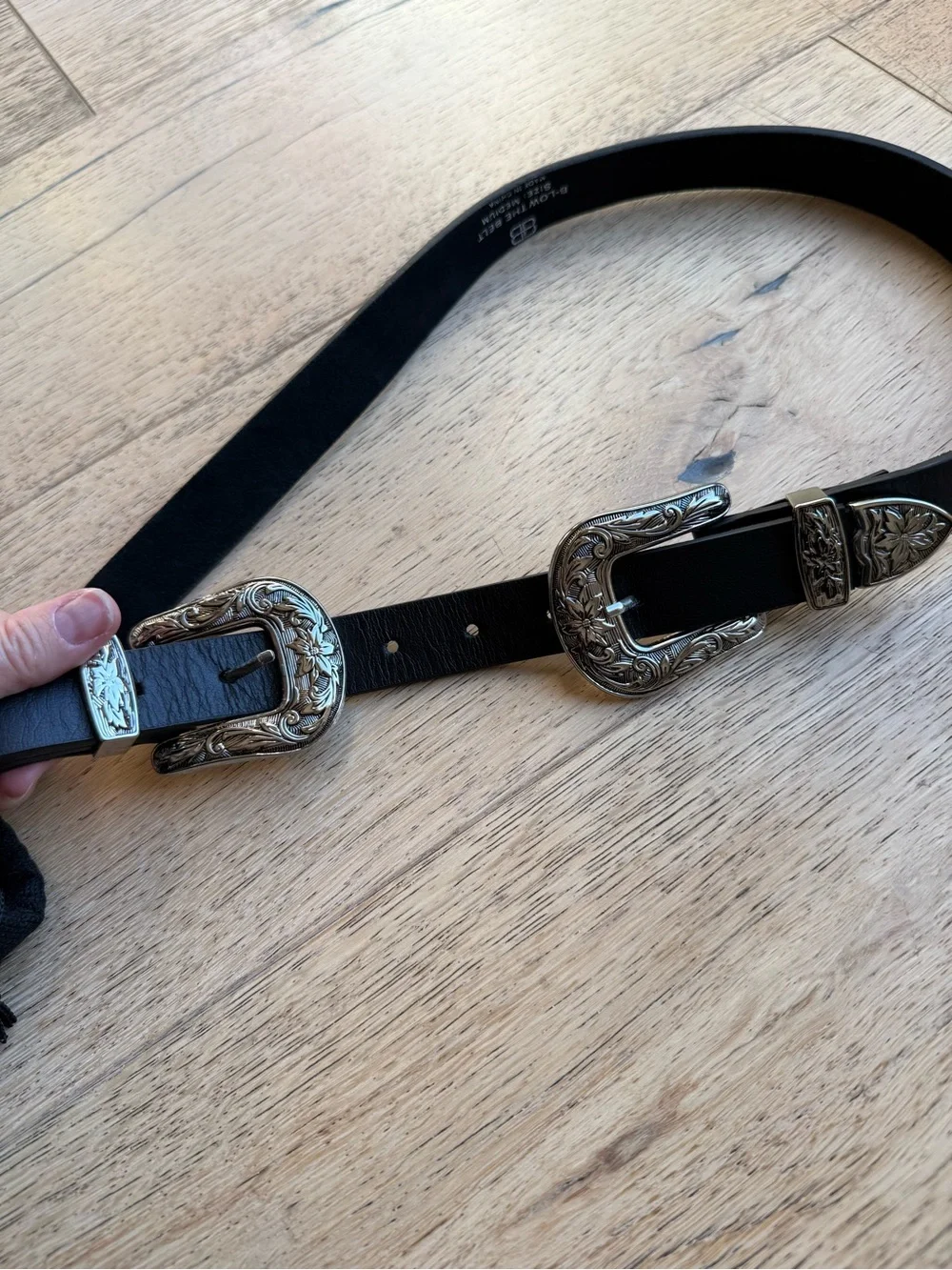 Below the Belt Double Buckle Black Leather Western Belt with Ornate Buckles